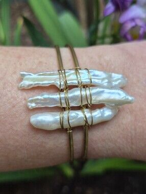 Baroque Biwa Stick Pearls Wire Wrapped Artisan Cuff Bracelet Gold Plated Brass